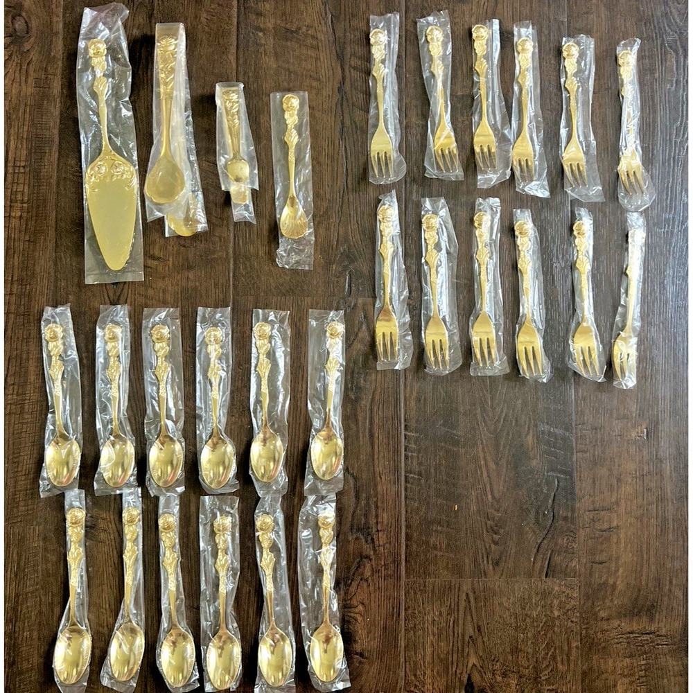 Vintage Flatware Set Gold Plated Romantic Rose Dessert 28 Pc EP SS Japan NOS